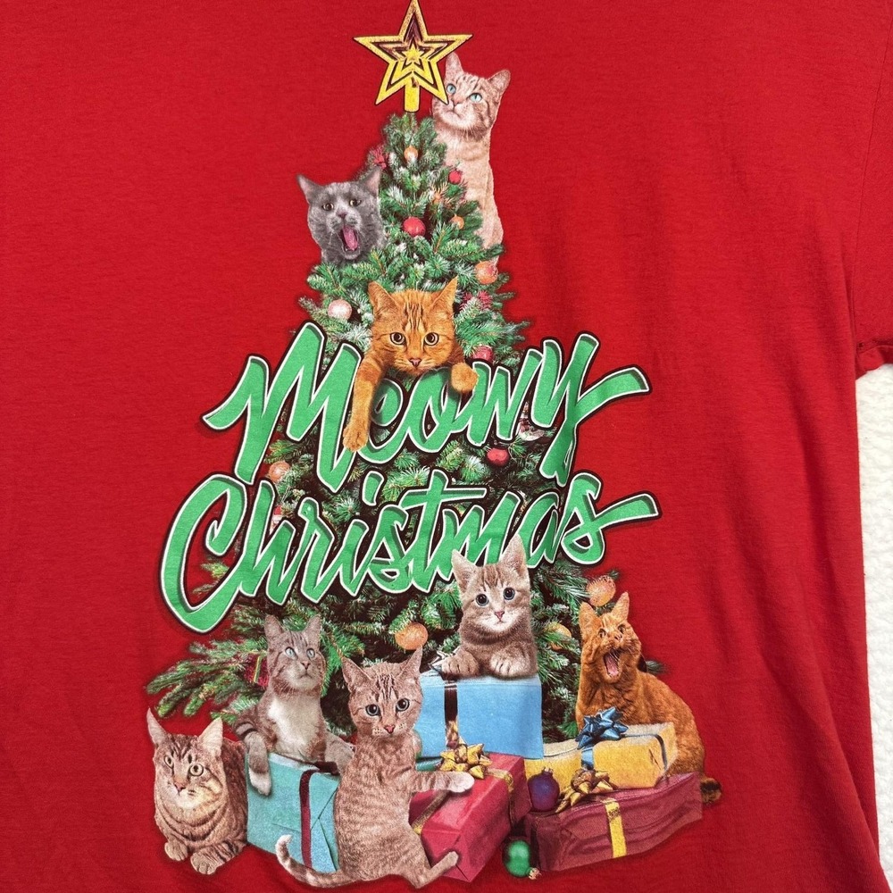 Meowy Christmas Shirt Mens XL Red Cat Tree Graphic Holiday Funny Tee Gift Cotton